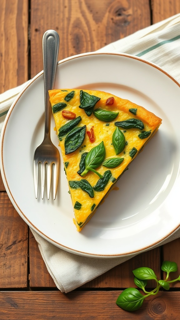 A slice of spinach and zucchini frittata garnished with herbs on a wooden table.